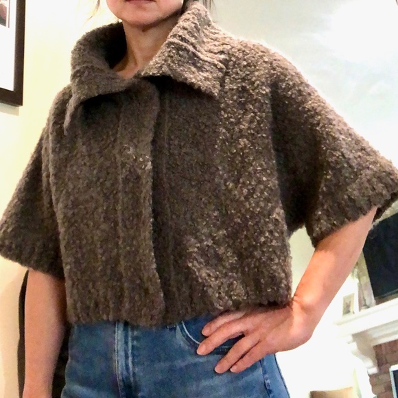 Vintage Sweaters - Vintage Taupe Boucle Sweater with Detachable Shearling Collar